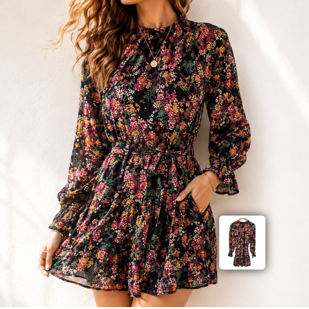 Ophelia Roe Boho Mini Dress Floral Tie Waist Long Sleeve Black Pink L‎